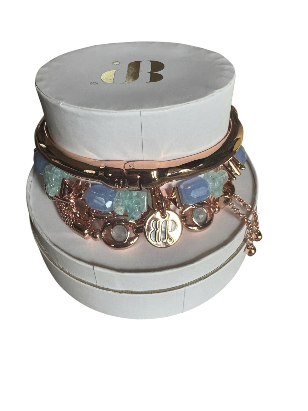 Rose Gold Bracelet Stack with Blue and Aqua Beads NIP